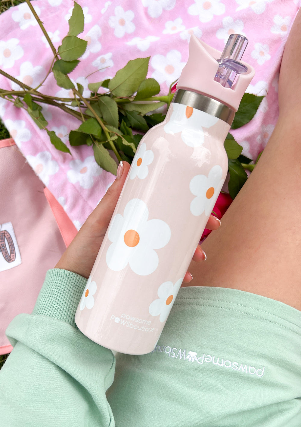 Stainless Steel Bottle with Straw - Pink Flowers