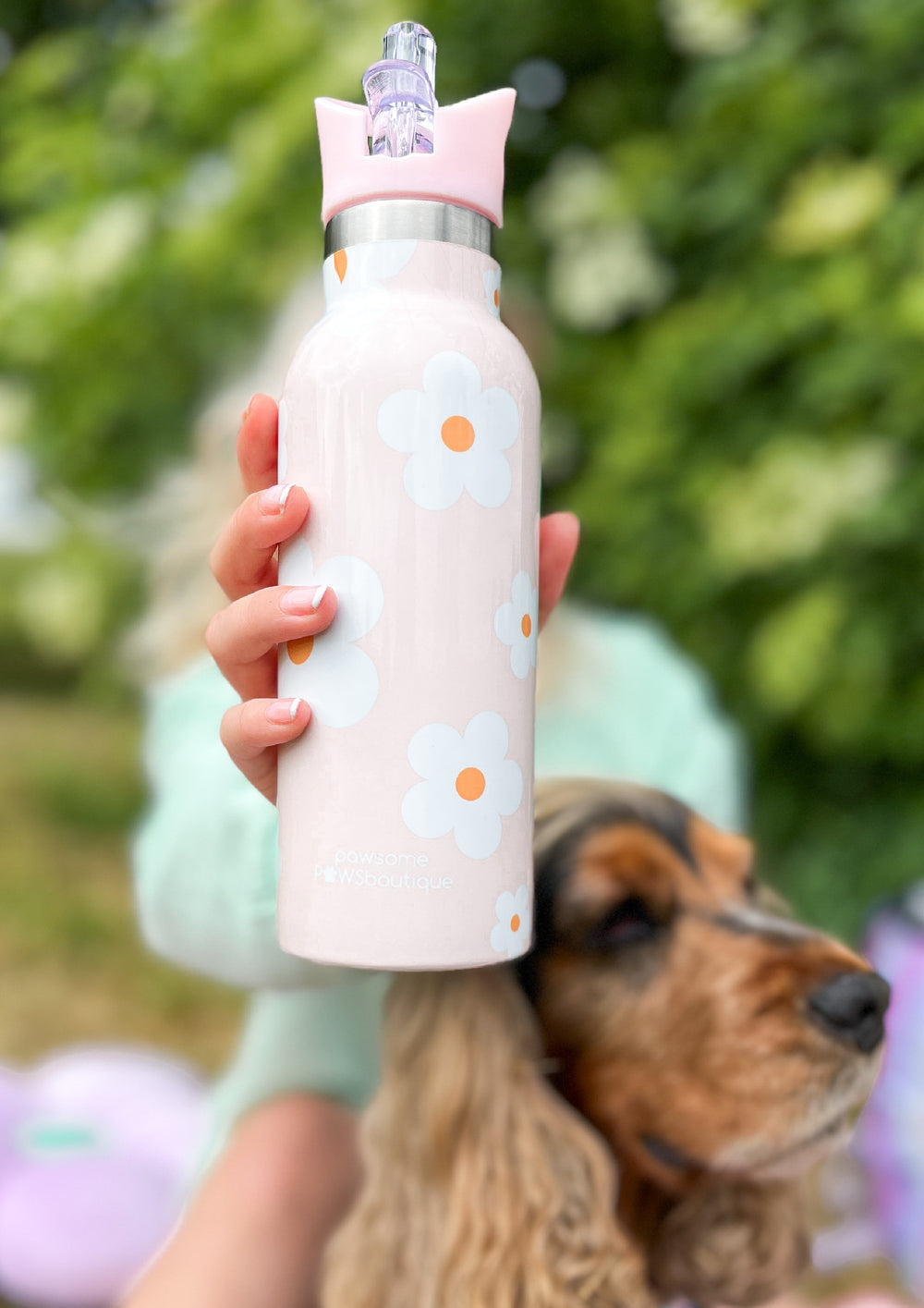 Stainless Steel Bottle with Straw - Pink Flowers