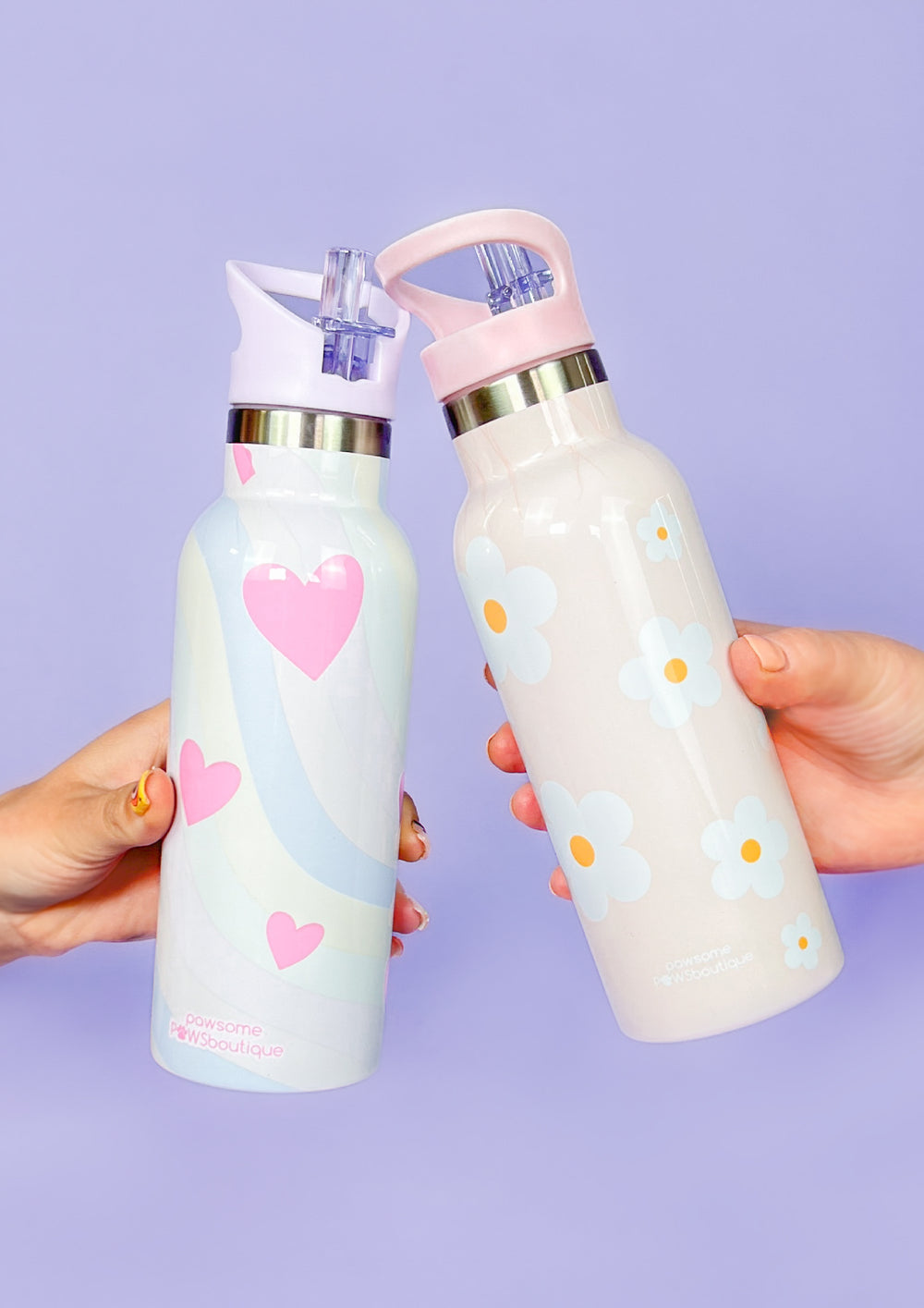 Stainless Steel Bottle with Straw - Pink Flowers
