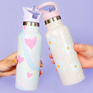 Stainless Steel Bottle with Straw - Pink Flowers