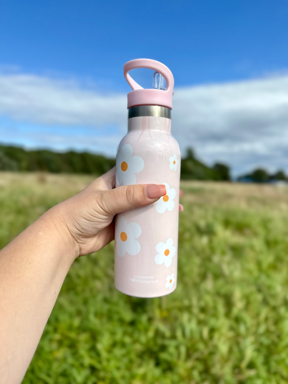 Stainless Steel Bottle with Straw - Pink Flowers
