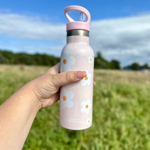 Stainless Steel Bottle with Straw - Pink Flowers