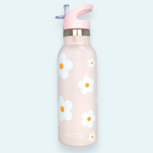 Stainless Steel Bottle with Straw - Pink Flowers