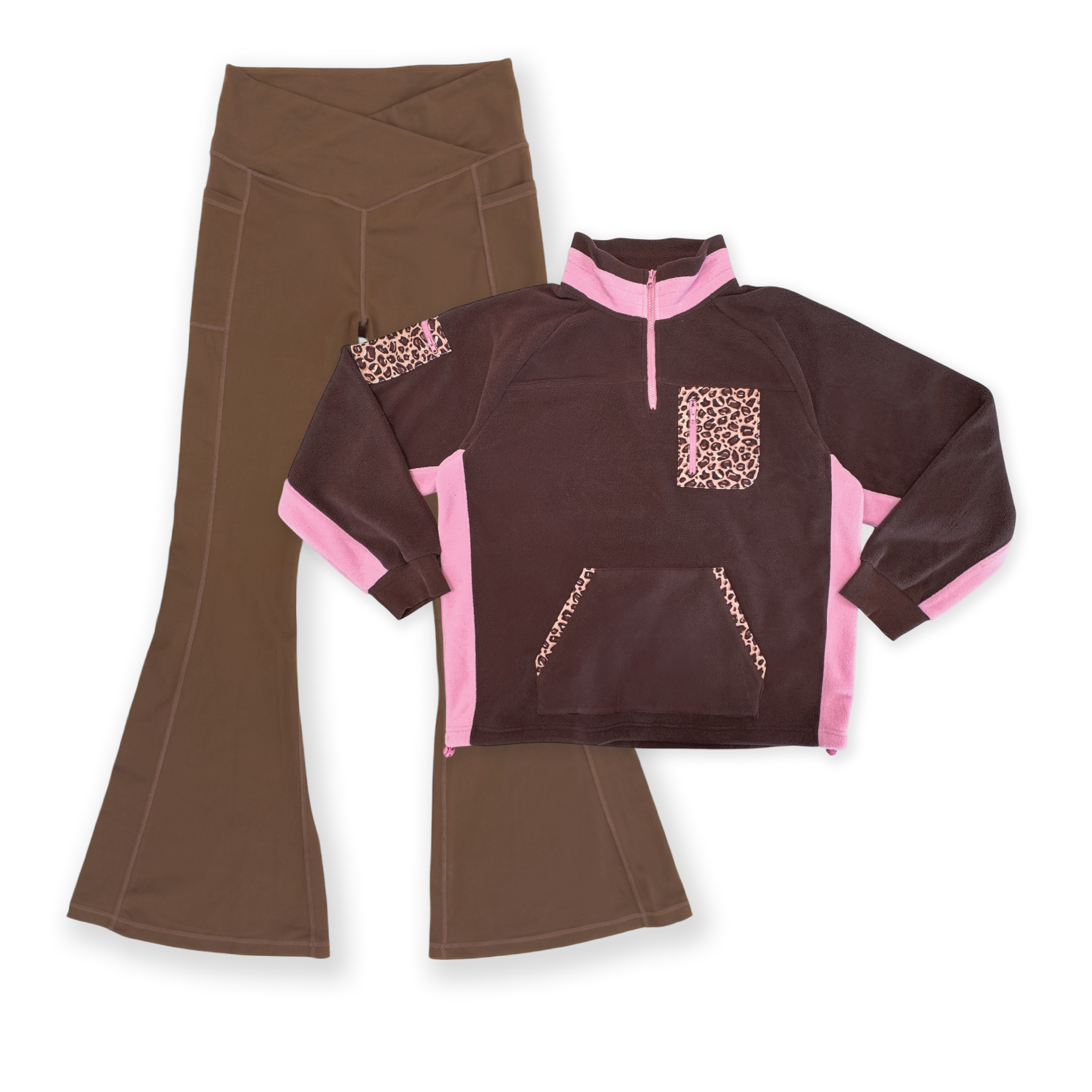 Brown Flared Leggings & Leopard Print Fleece Bundle
