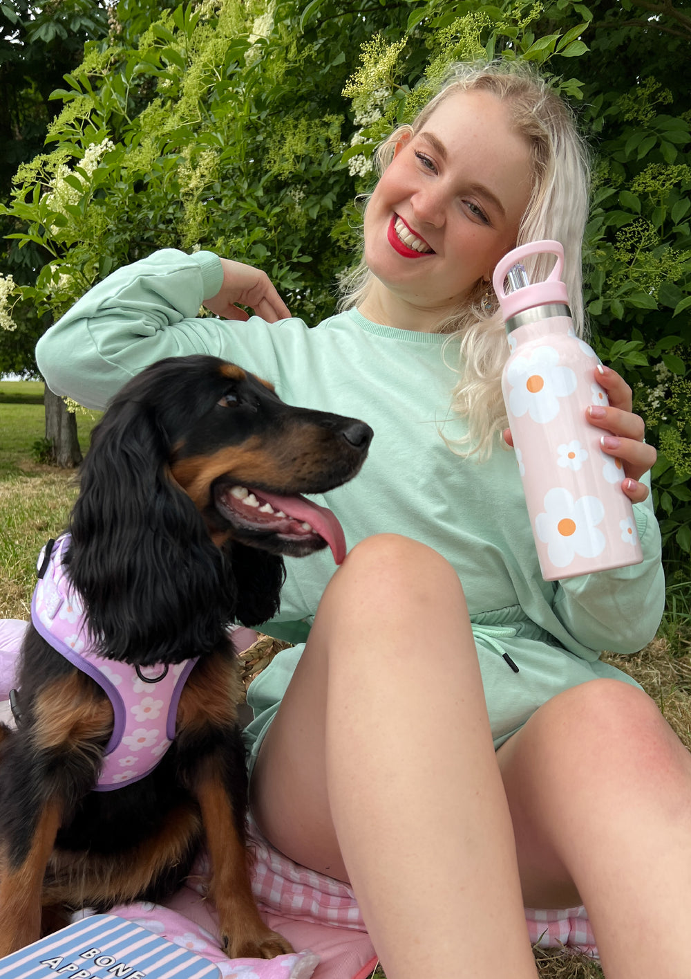 Stainless Steel Bottle with Straw - Pink Flowers