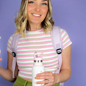 Stainless Steel Bottle with Straw - Pink Flowers